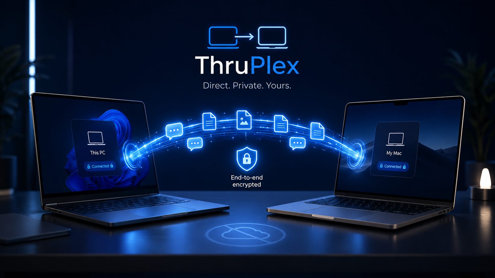 Two laptops exchanging encrypted messages and files directly, under the ThruPlex logo and the tagline Direct, Private, Yours