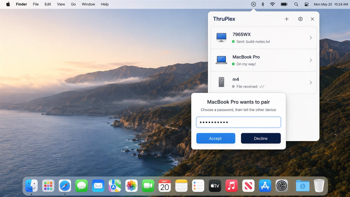 ThruPlex device list on macOS with a pairing request dialog